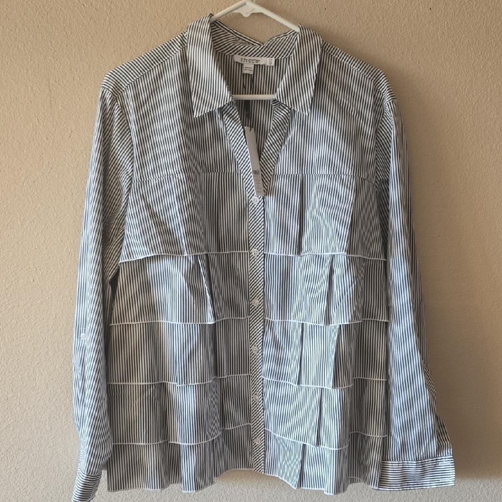 Chico's Poplin Ruffle Shirt Striped -Blue and White - Size 3.5 (18)